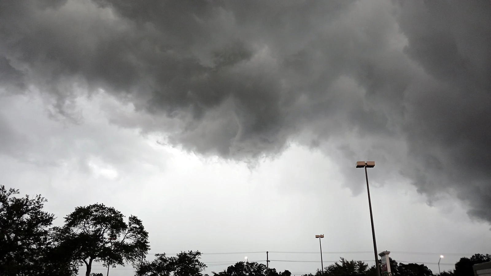 Dark storm clouds building over palm trees and a parking lot in Tampa